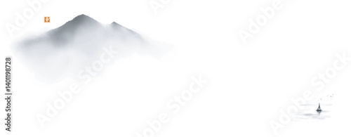 Minimalist sumi-e vector background with misty mountains and a small sailboat on calm water.Traditional Japanese ink wash painting sumi-e. Hieroglyph - happiness.