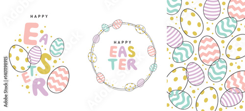 easter cards set with easter eggs and hand lettering, colorful vector illustration isolated on white background, template for greeting cards,poster,invitation,prints,wallpaper