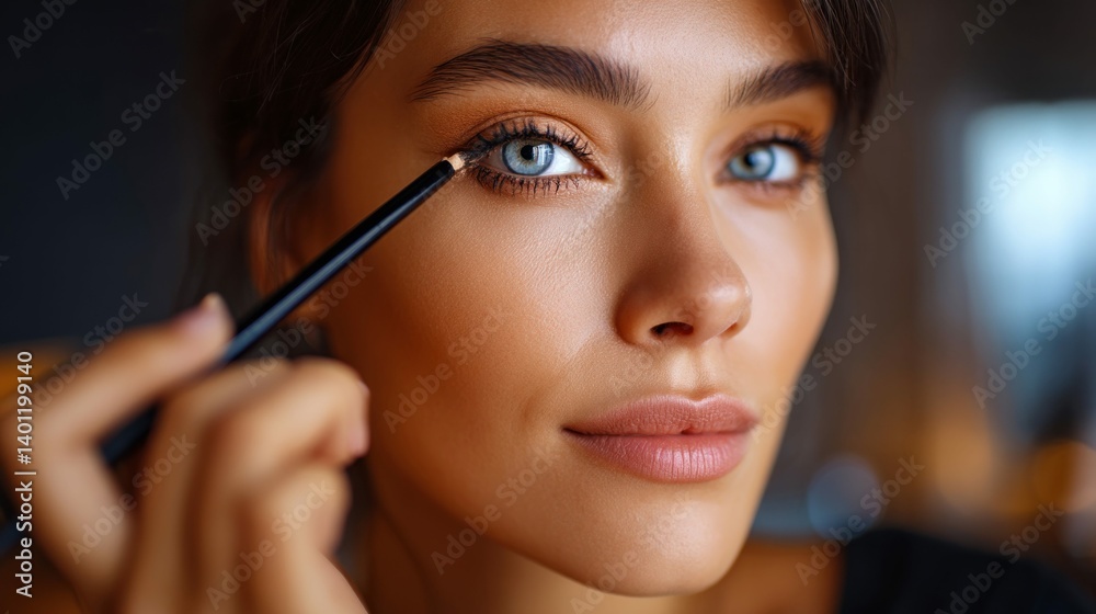 A woman focuses intently on applying eyeliner, highlighting her captivating blue eyes. A woman focuses intently on applying eyeliner, highlighting her captivating blue eyes.