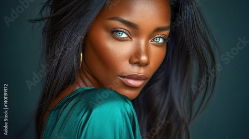 Captivating portrait of a gorgeous woman with teal eyes, dressed in emerald satin.