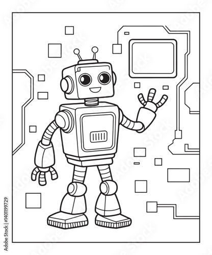 Robot coloring page for kids, black line art vector illustration on white background 