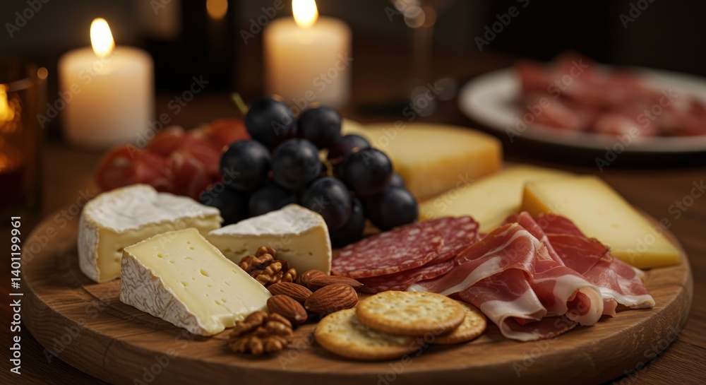 Charcuterie board with cheese meat grapes crackers and nuts on wooden surface. Charcuterie board with cheese meat grapes crackers and nuts on wooden surface.