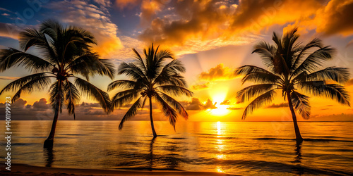 Golden sunset over the ocean with palm tree silhouettes