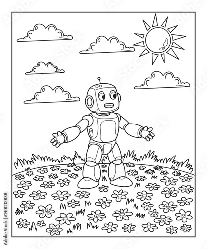 Robot coloring page for kids, black line art vector illustration on white background 