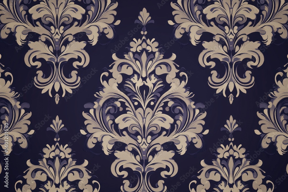 A navy blue damask wallpaper pattern with ornate gold accents. A navy blue damask wallpaper pattern with ornate gold accents.