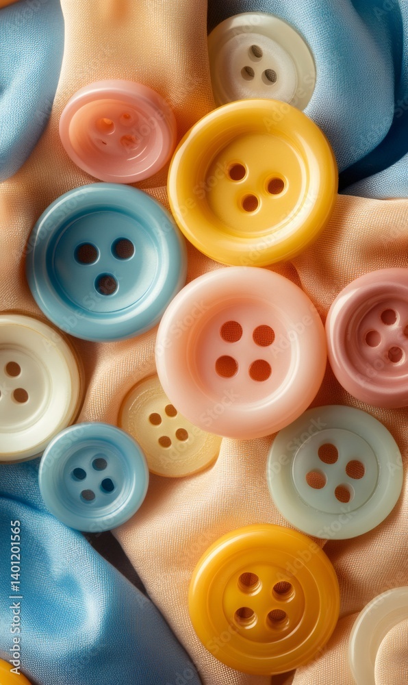 Colorful buttons scattered across pastel fabrics evoke a sense of playful creativity, perfect for sewing, fashion, or craft projects Colorful buttons scattered across pastel fabrics evoke a sense of playful creativity, perfect for sewing, fashion, or craft projects