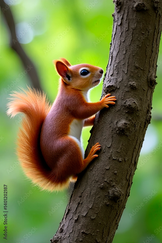 Illustrations cute squirrel climbing on a tree.created with the help of artificial intelligence. Illustrations cute squirrel climbing on a tree.created with the help of artificial intelligence.