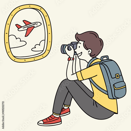 Travel vlogger emoji with backpack and airplane window view