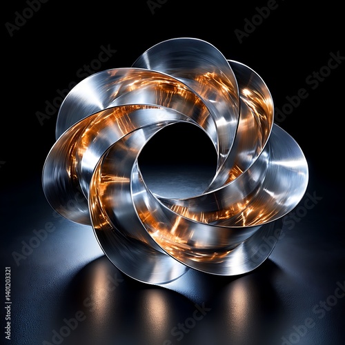 A minimalist yet striking arrangement of overlapping metallic ribbons in brushed silver and rose gold, forming an elegant spiral under cool, even lighting with subtle reflections.