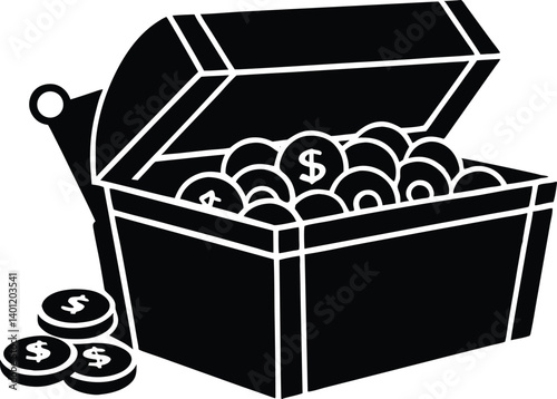 Wooden Treasure chest full of  dollar coin black  silhouette  vector