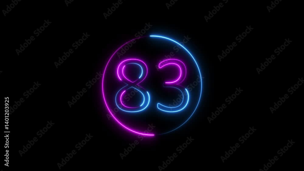 Abstract glowing neon text 83 number countdown icon. Glowing sign on black background Neon number 83 with alpha channel, neon numbers, Appears and disappears. Fiery style. 4k. Seamless loop Abstract glowing neon text 83 number countdown icon. Glowing sign on black background Neon number 83 with alpha channel, neon numbers, Appears and disappears. Fiery style. 4k. Seamless loop