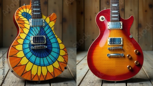 Vibrant floral patterned guitar and classic sunburst les paul on wooden background.