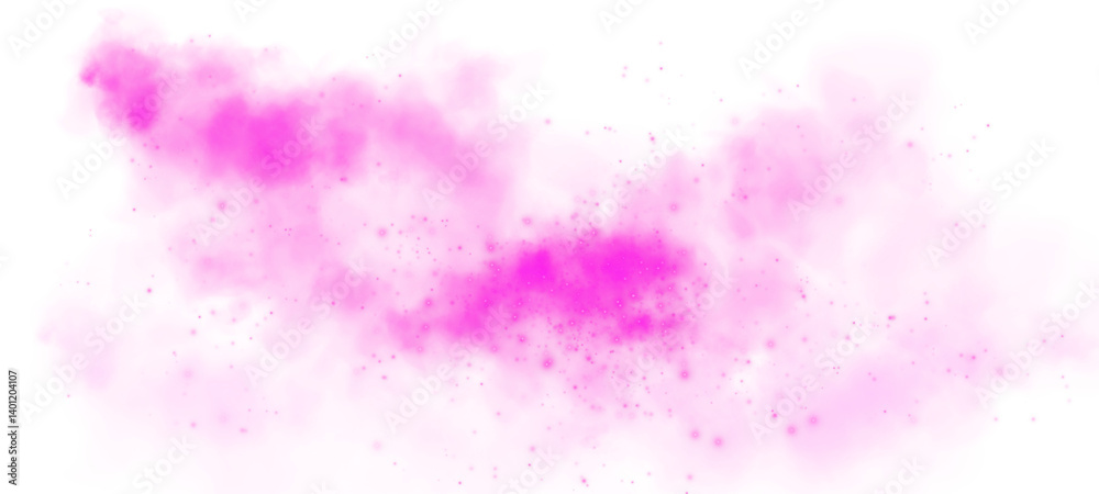 Obraz premium Magic pink smoke with glitter and small particles of twinkling stars. Fog with luminous particles. Pink vapor with stardust. Morning fog over land or water surface, magic haze. Fog or smoke. Smog clou