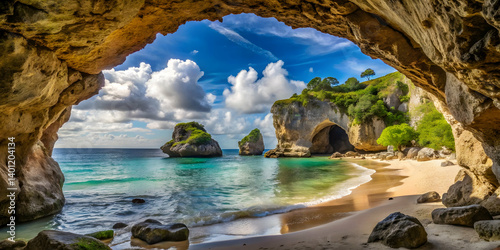 Rocky archways framing a hidden Caribbean beach