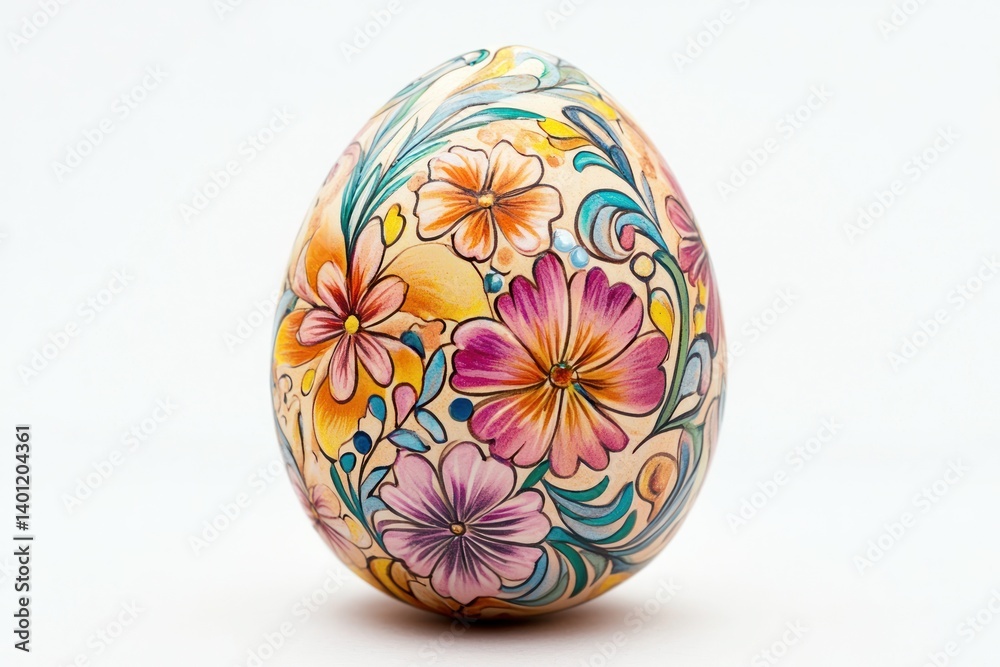 A beautifully decorated Easter egg with intricate flower patterns, symbolizing spring and renewal, isolated on a white background.