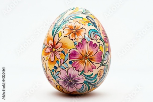 Obraz na płótnie A beautifully decorated Easter egg with intricate flower patterns, symbolizing spring and renewal, isolated on a white background. w salonie