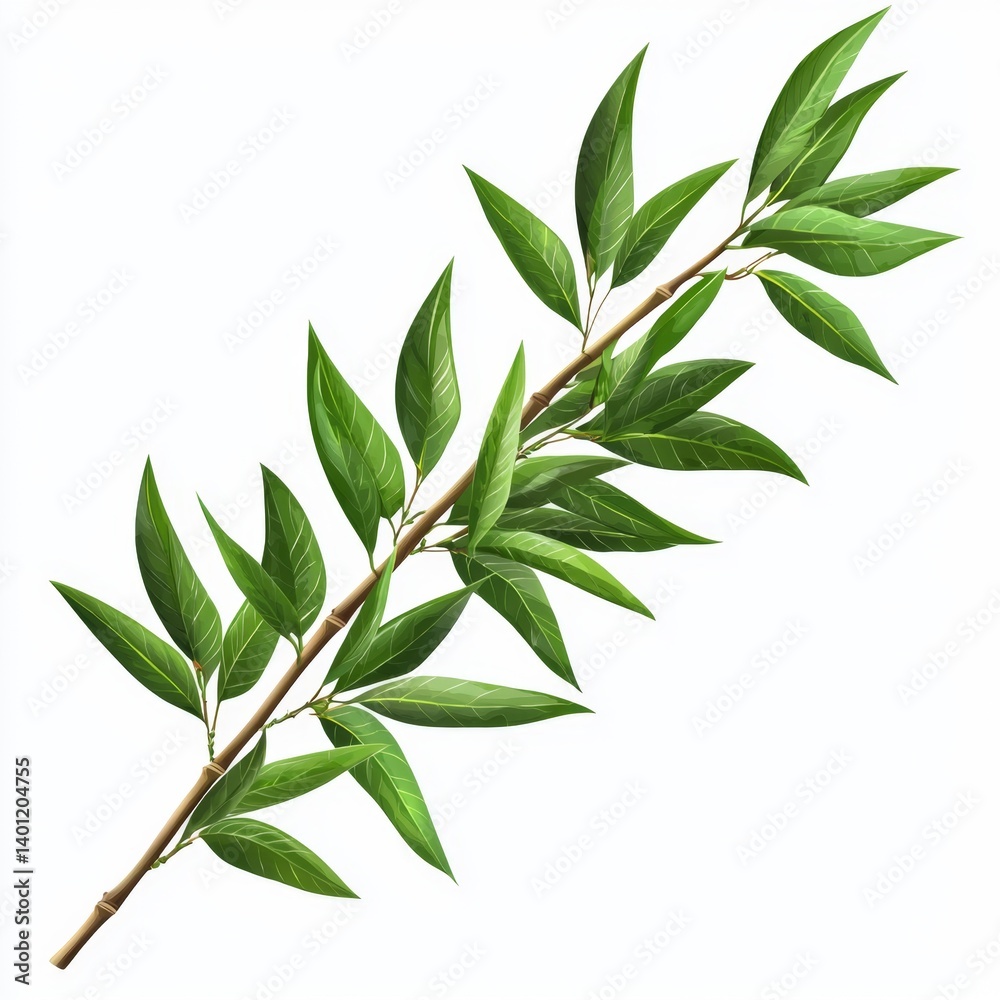Fototapeta premium Green branch with fresh leaves isolated on white background, perfect for nature, gardening, and eco-friendly themes