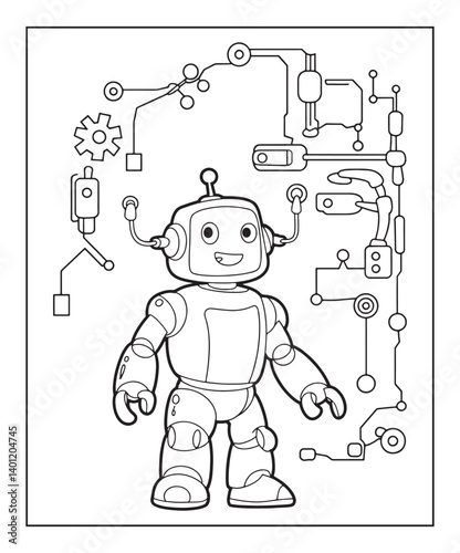 Robot coloring page for kids, black line art vector illustration on white background 