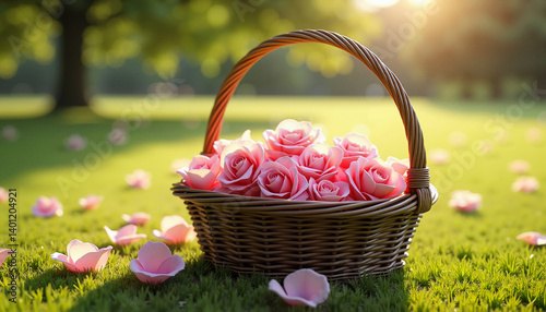  Vintage basket with pastel rose petals on grass in sunny park