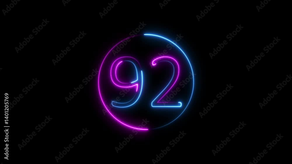 neon glowing text 92 number countdown icon on black background 4k animation. Neon number 92 with alpha channel, Energy red neon 92 number.