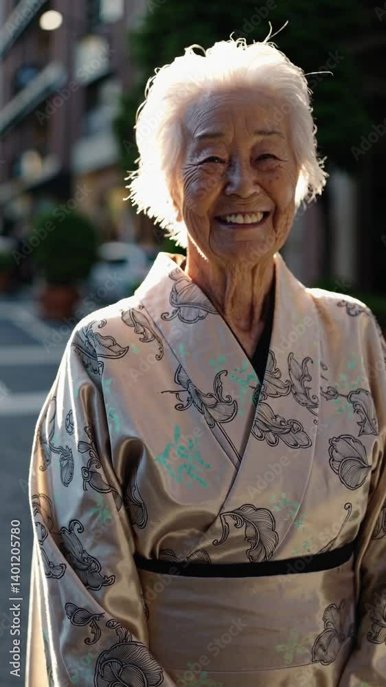 custom made wallpaper toronto digitalAI Generated Image of Japanese happy elderly woman wearing traditional kimono dress looking at camera while standing in blurred city