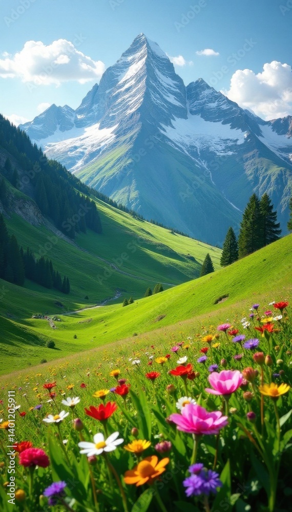 Fototapeta premium Rolling green hills, vibrant wildflowers against snow-capped peaks, vegetation, flora