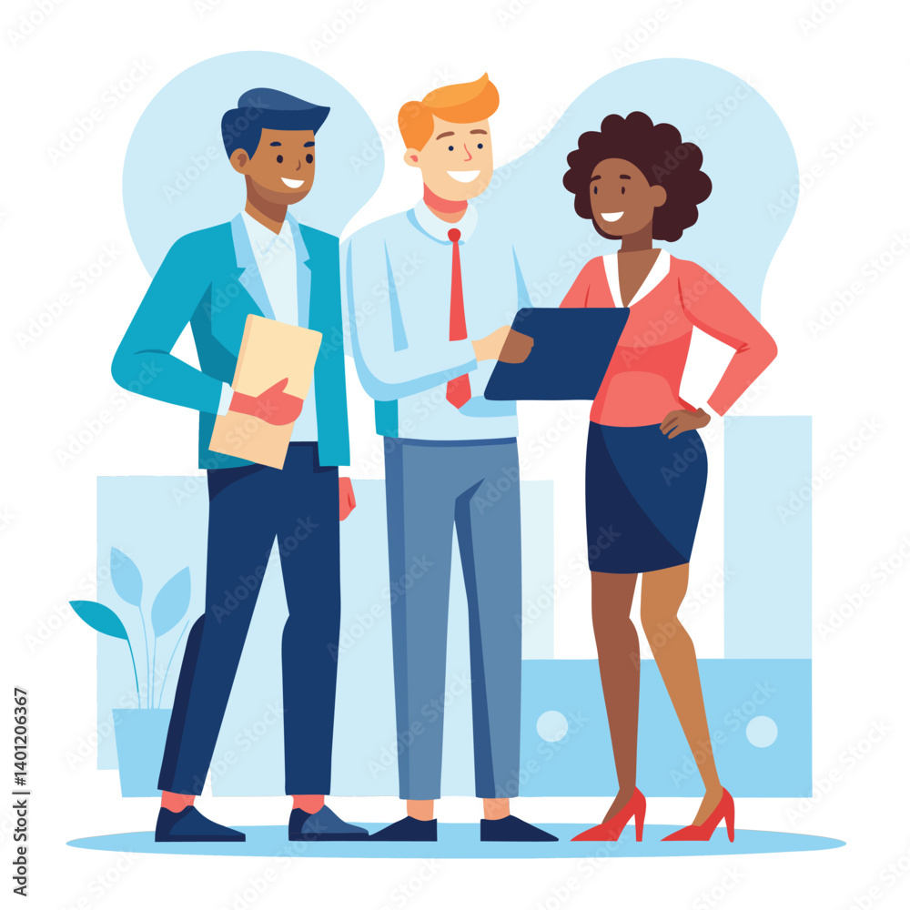 three-diverse-business-partners-standing-and-discus vector image on white background three-diverse-business-partners-standing-and-discus vector image on white background
