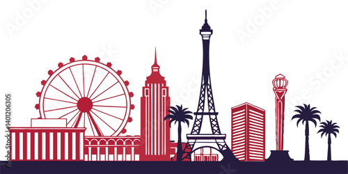 Las Vegas vector silhouette skyline showcasing the city’s iconic hotels, casinos, and neon lights. 