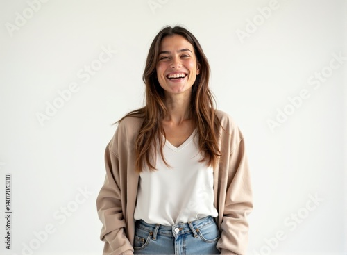A woman with light skin and straight hair, wearing casual clothes, expressing joy, standing in front of a white background, with studio lighting and shallow depth of field. Mockup.