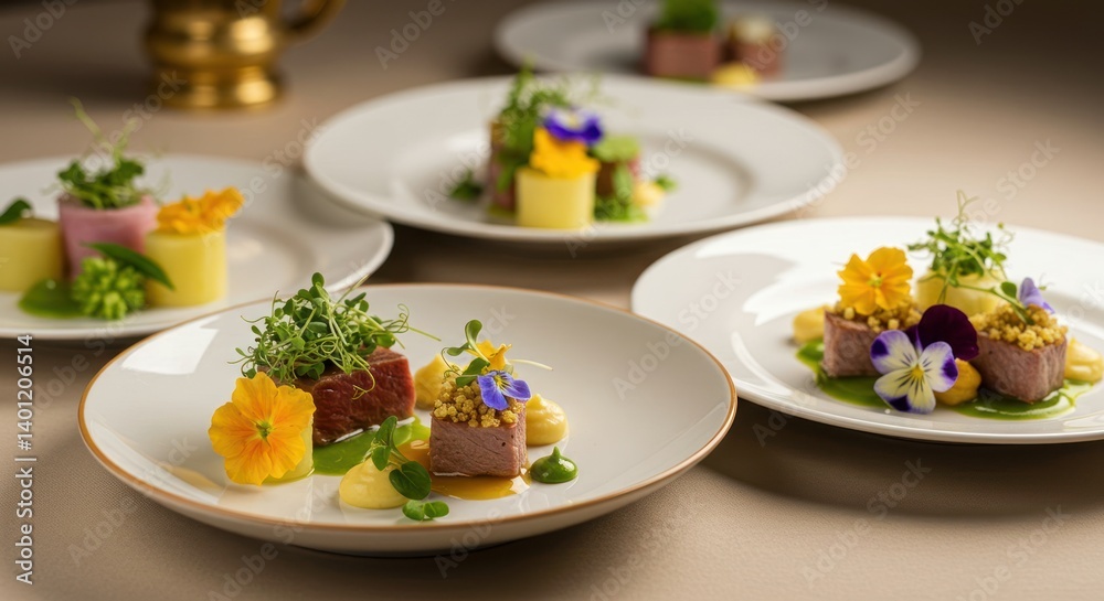 Several plates of gourmet food are arranged on a table with a teapot. Several plates of gourmet food are arranged on a table with a teapot.