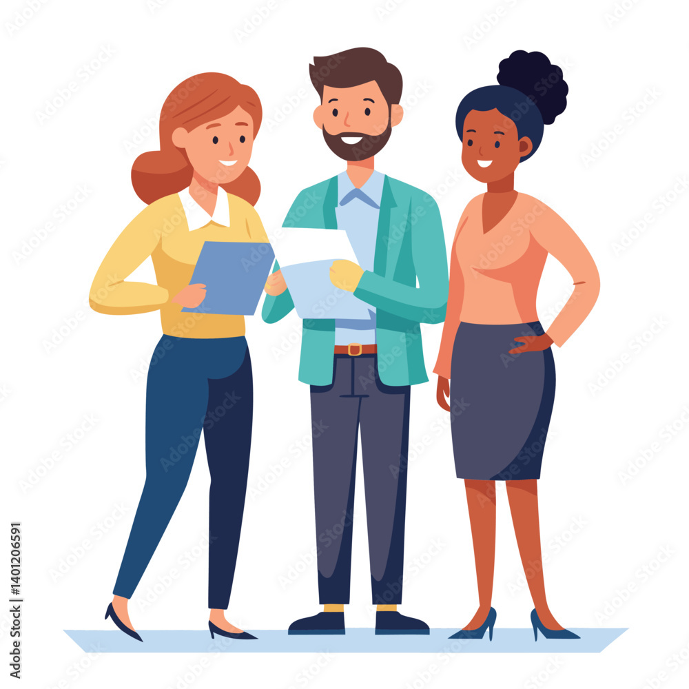 Fototapeta premium three-diverse-business-partners-standing-and-discus vector image on white background