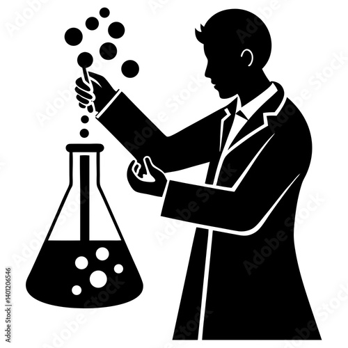 A silhouette of a chemist mixing two chemicals together in a beaker, creating bubbles