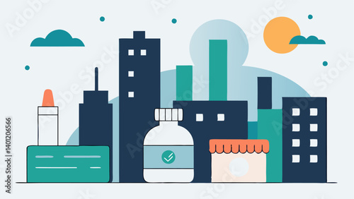 Daily Routine A simplistic daily skincare routine representation featuring products with exosomes and a calendar indicating routine application alongside urban elements to