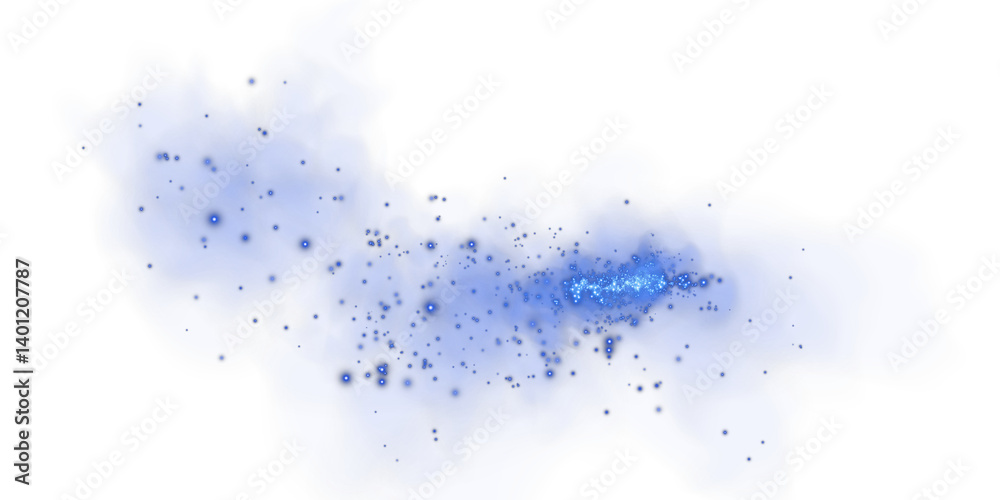 Obraz premium Magic blue smoke with glitter and small particles of twinkling stars. Fog with luminous particles. Blue vapor with stardust. Morning fog over land or water surface, magic haze. Fog or smoke. PNG.