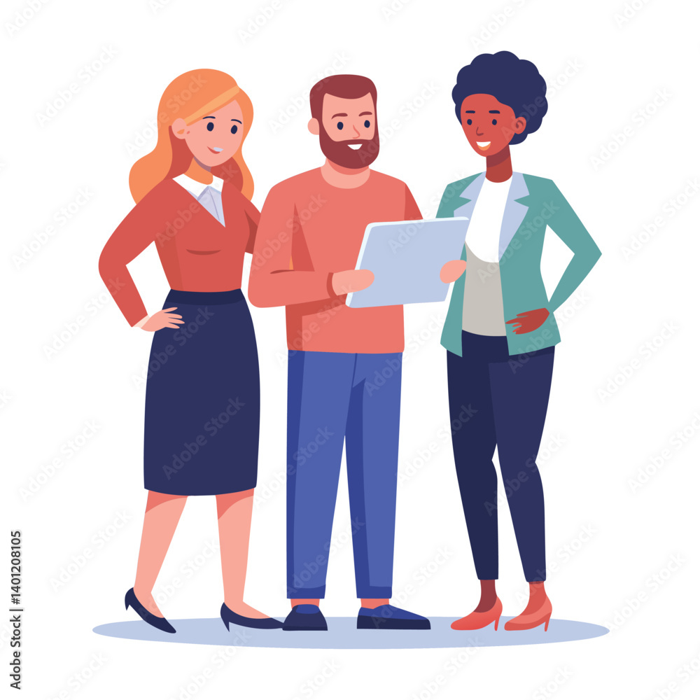 Fototapeta premium three-diverse-business-partners-standing-and-discus vector image on white background