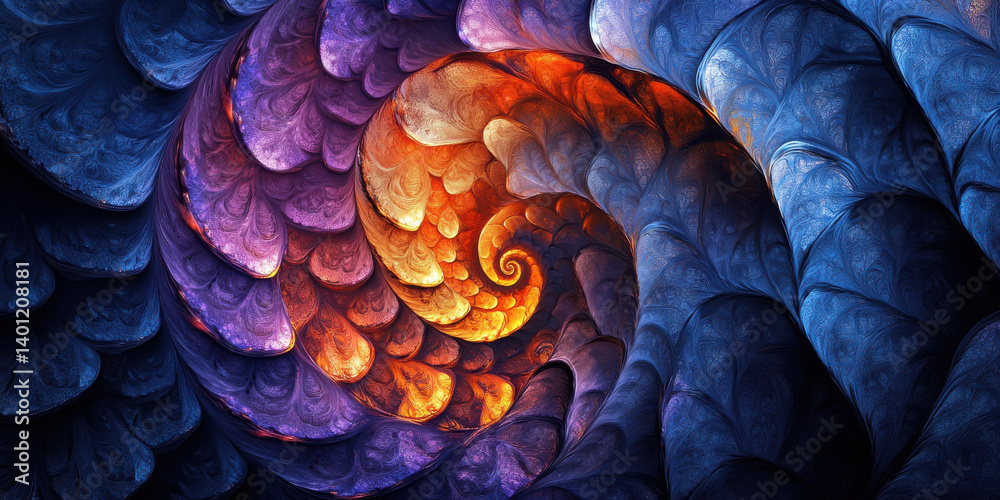 Fototapeta premium Fractal art showcases mesmerizing spiral pattern with vibrant colors transitioning from deep blue to fiery orange. intricate design evokes sense of depth and wonder, captivating viewer imagination