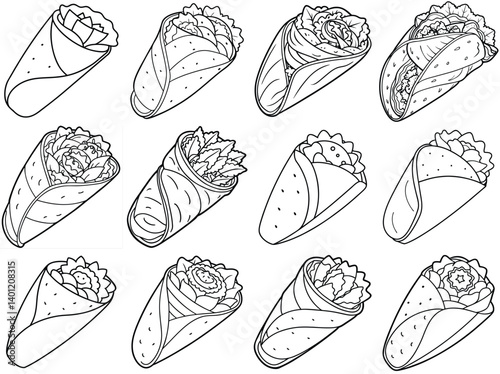Falafel wrap outline vector illustration isolated on white background.