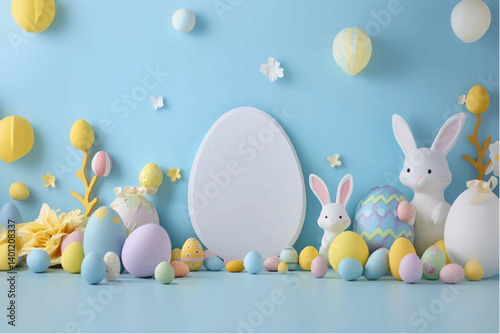 Cartoon Easter Eggs Decoration in light blue background
