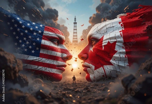 Trade confrontation: a detailed illustration of two faces symbolizing the US and Canada, with flags on their faces, against a backdrop of destruction, reflecting a trade confrontation.