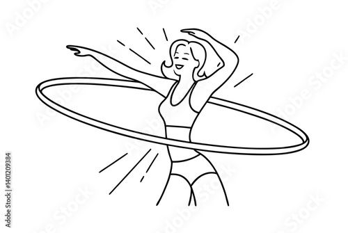 Outline Illustration Of A Woman Exercising With A Hula Hoop For Fitness