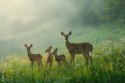 A deer family  mother and two fawns  stand in a misty meadow at sunrise.