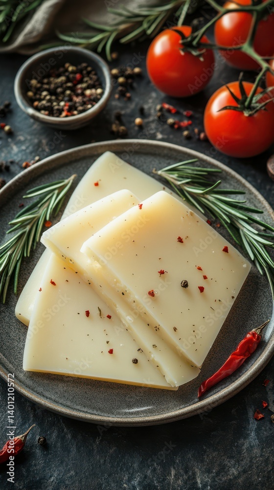 Delicious cheese slices garnished with spices, tomatoes, and herbs on a rustic plate Delicious cheese slices garnished with spices, tomatoes, and herbs on a rustic plate