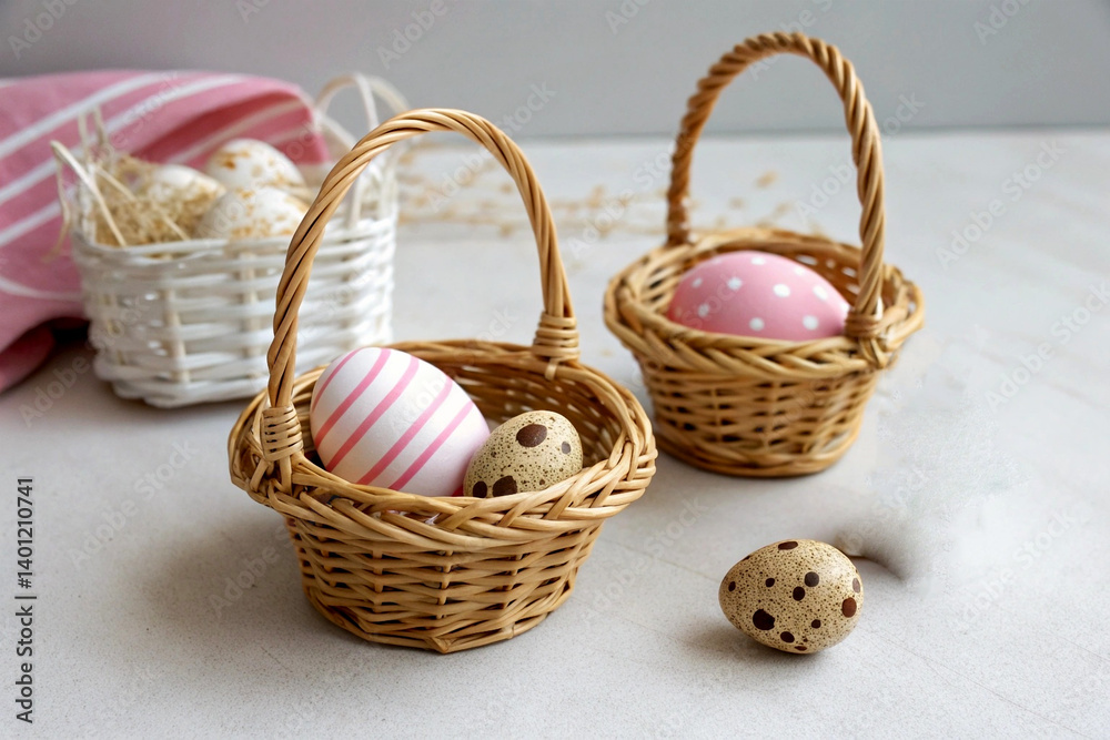 A charming arrangement of Easter eggs in natural fiber baskets on a wooden surface A charming arrangement of Easter eggs in natural fiber baskets on a wooden surface