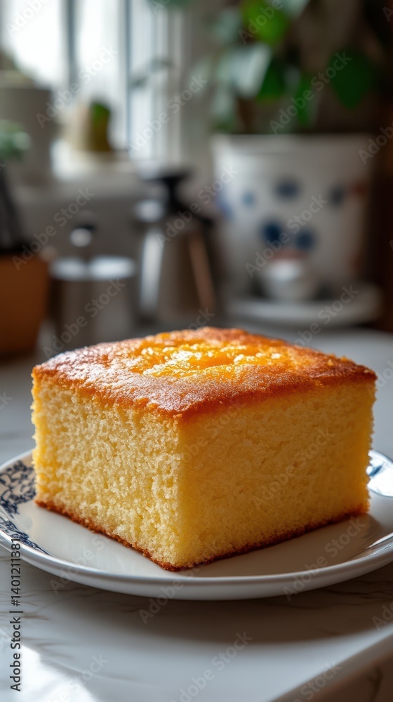 Delicious slice of homemade cake resting on a decorative plate in a cozy kitchen setting Delicious slice of homemade cake resting on a decorative plate in a cozy kitchen setting