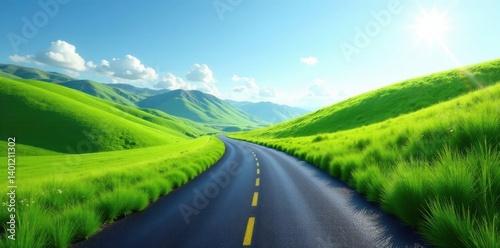 Endless asphalt ribbon cuts through vibrant green hills, clear sky, green, countryside