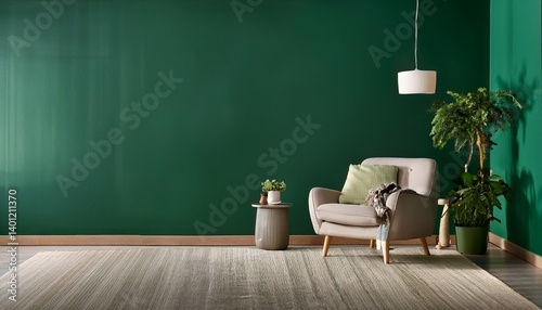 empty living room with dark green tones wall