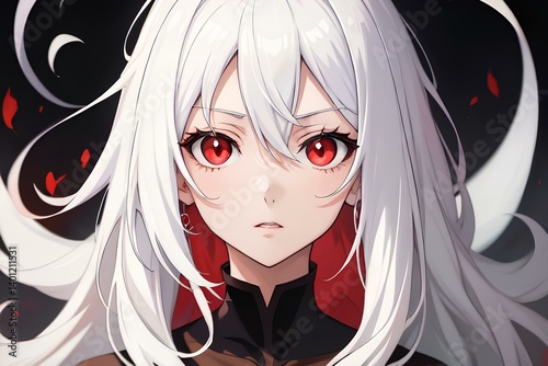 Anime girl with white hair and red eyes with background