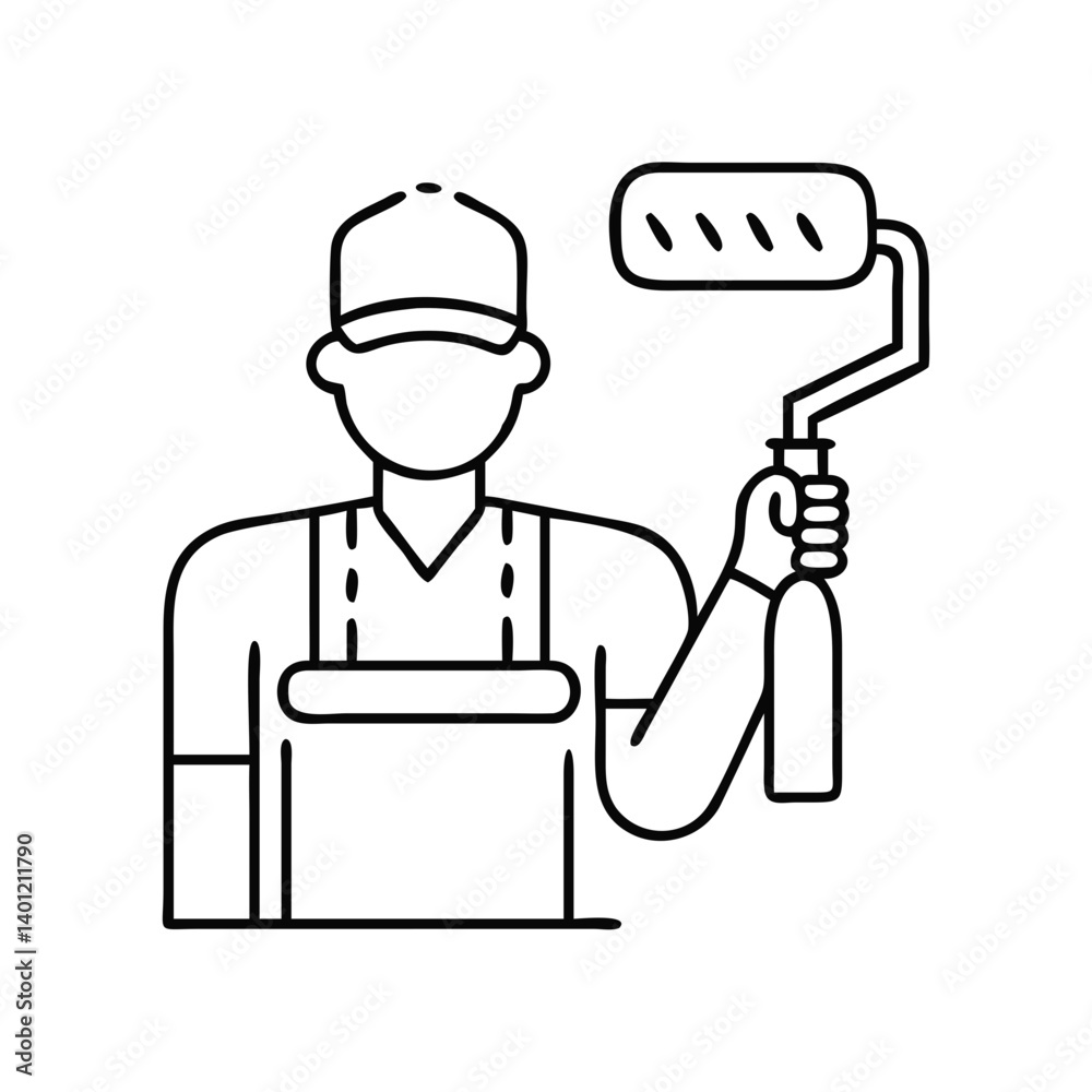 Painter with roller applying eco-friendly paint to walls and ceilings in construction projects Painter with roller applying eco-friendly paint to walls and ceilings in construction projects