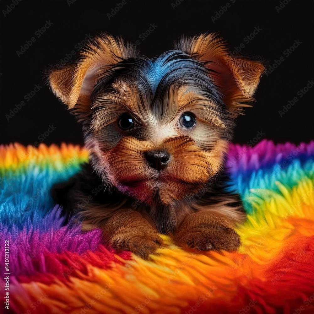 Fototapeta premium Yorkshire Terrier Welpe auf buntem Teppich, schwarzer Hintergrund
