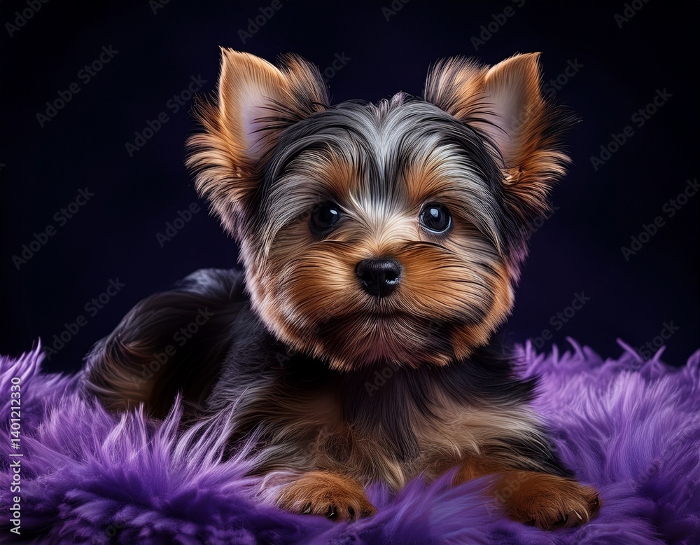 Fototapeta premium Yorkshire Terrier auf lila Teppich, schwarzer Hintergrund